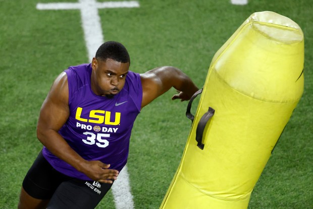 Sai'vion Jones of the LSU Tigers participates in drills during LSU Pro Day at LSU Football Indoor Practice Facility on March 26, 2025 in Baton Rouge, Louisiana. (Photo by Tyler Kaufman/Getty Images)