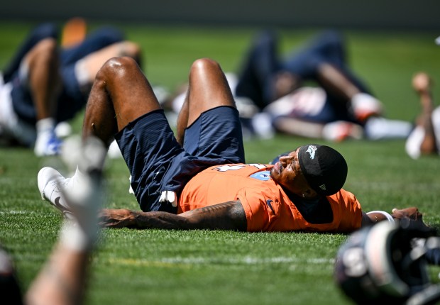 Courtland Sutton (14) of the Denver Broncos stretches during OTAs at the Broncos Park in Centennial, Colorado on Thursday, June 4, 2026. (Photo by AAron Ontiveroz/The Denver Post)