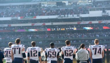 Nov 19, 2017; Mexico City, MEX; New England Patriots players look on from the sideline before the game against the Oakland Raiders at Estadio Azteca. New England won 33-8.