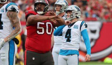Dec 29, 2024; Tampa, Florida, USA; Tampa Bay Buccaneers defensive tackle Vita Vea (50) reacts after Carolina Panthers place kicker Eddy Pineiro (4) misses an extra point during the second quarter at Raymond James Stadium.