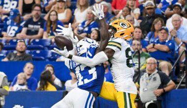 Aug 16, 2025; Indianapolis, Indiana, USA; Indianapolis Colts wide receiver Tyler Kahmann (43) breaks up a pass intended for Green Bay Packers wide receiver Isaiah Neyor (80) during the second half at Lucas Oil Stadium.