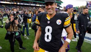 [US, Mexico, & Canada customers only] Sep 28, 2025; Dublin, IRELAND; Pittsburgh Steelers quarterback Aaron Rodgers reacts after playing against the Minnesota Vikings in a NFL International Series game at Croke Park.