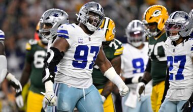 Sep 28, 2025; Arlington, Texas, USA; Dallas Cowboys defensive tackle Osa Odighizuwa (97) reacts after defending against the Green Bay Packers in the first quarter at AT&T Stadium.