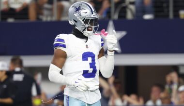 Sep 28, 2025; Arlington, Texas, USA; Dallas Cowboys wide receiver George Pickens (3) celebrates after scoring a touchdown in the fourth quarter against the Green Bay Packers at AT&T Stadium.