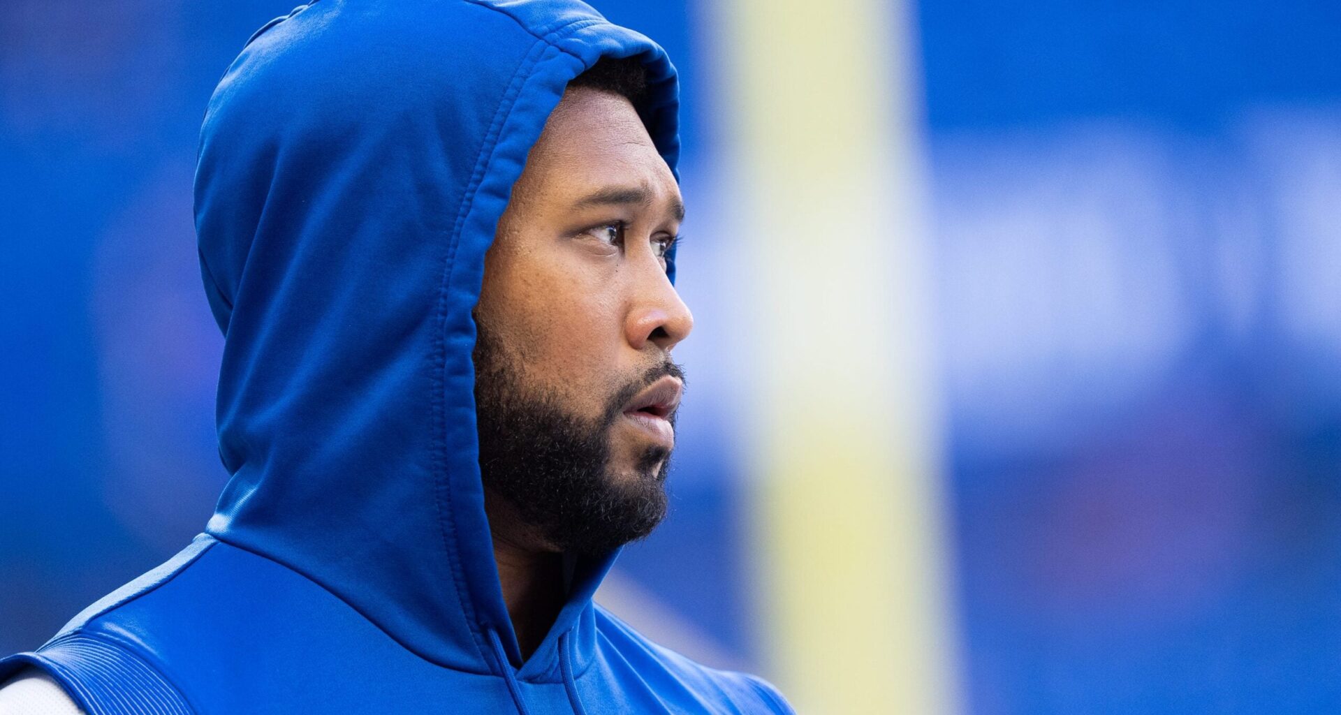 Indianapolis Colts defensive tackle Deforest Buckner (99) makes his way onto the field for warmups Sunday, Oct. 12, 2025, ahead of the game against the Arizona Cardinals at Lucas Oil Stadium in Indianapolis.