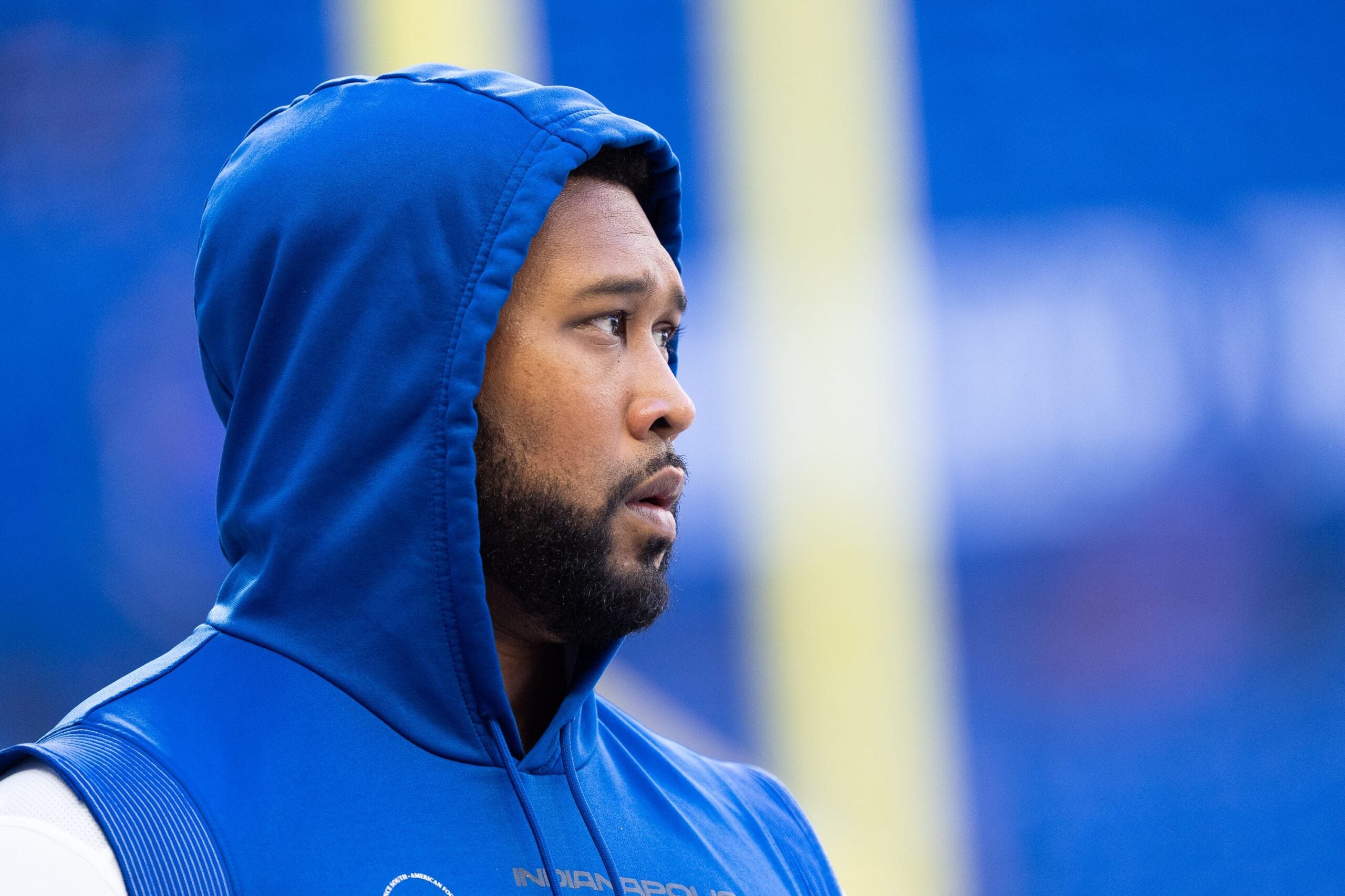 Indianapolis Colts defensive tackle Deforest Buckner (99) makes his way onto the field for warmups Sunday, Oct. 12, 2025, ahead of the game against the Arizona Cardinals at Lucas Oil Stadium in Indianapolis.