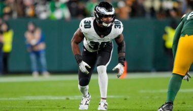 Nov 10, 2025; Green Bay, Wisconsin, USA; Philadelphia Eagles linebacker Jihaad Campbell (30) during the game against the Green Bay Packers at Lambeau Field.