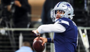 Dec 21, 2025; Arlington, Texas, USA; Dallas Cowboys quarterback Dak Prescott (4) participates in pregame warmups against the Los Angeles Chargers at AT&T Stadium.