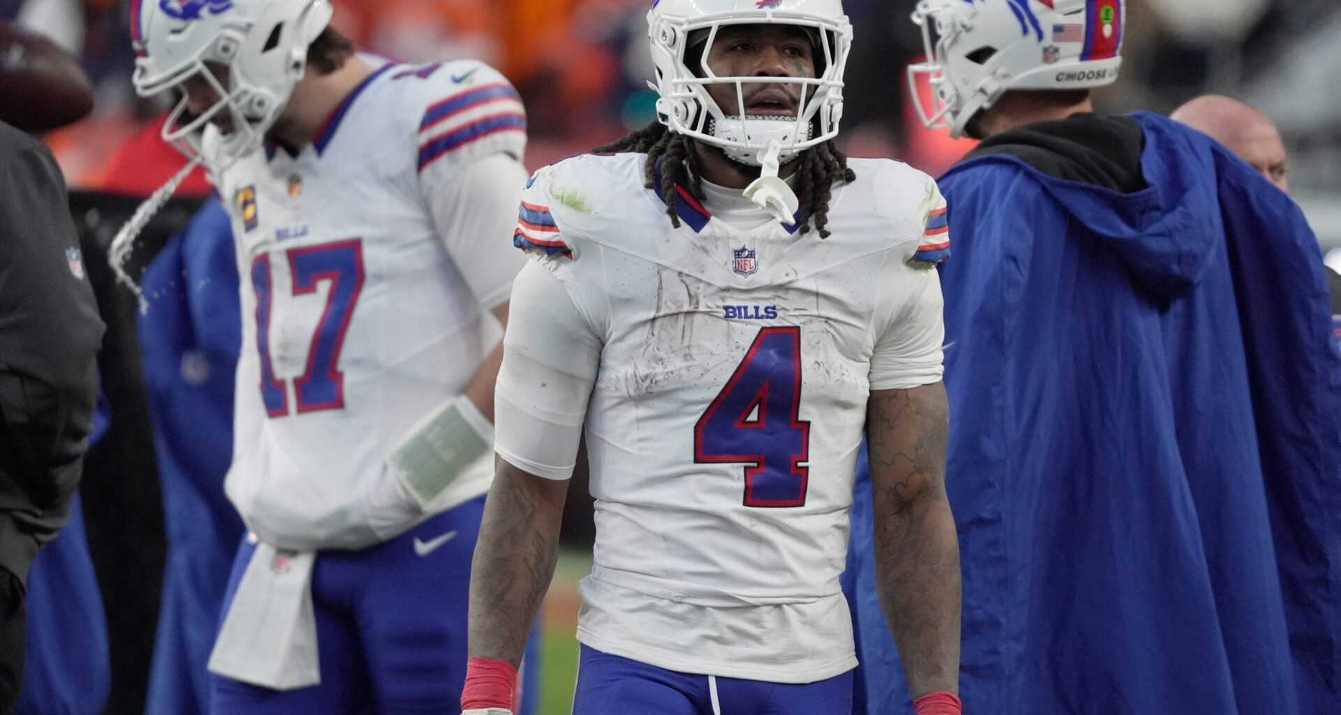 Buffalo Bills running back James Cook III looks to the sidelines as the teams change positions at the end of the third quarter at Empower Field at Mile High in Denver, Colorado on Jan. 17, 2026.