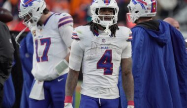 Buffalo Bills running back James Cook III looks to the sidelines as the teams change positions at the end of the third quarter at Empower Field at Mile High in Denver, Colorado on Jan. 17, 2026.