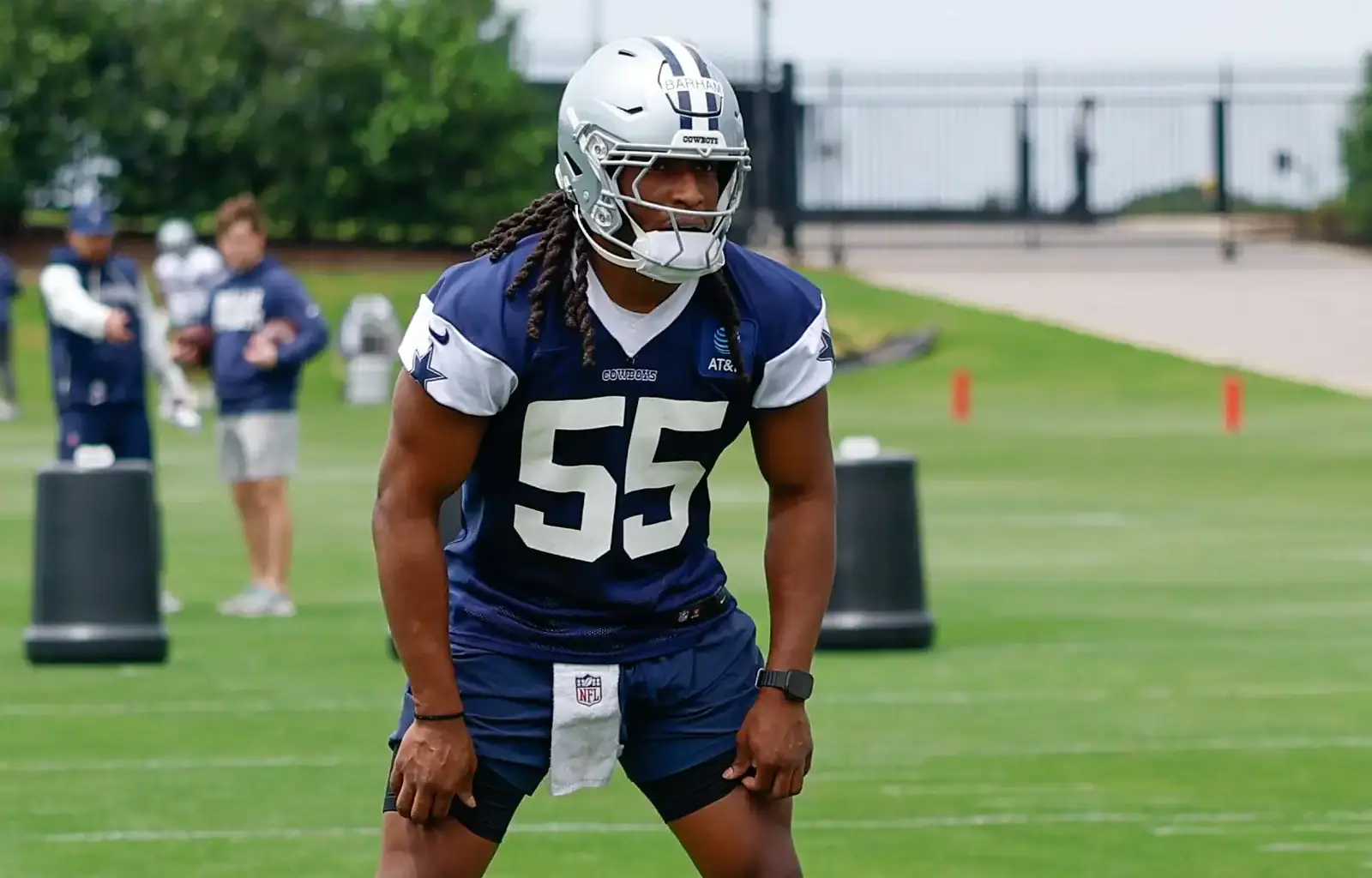 Dallas Cowboys rookie linebacker Jaishawn Barham lines up during a defensive drill at practice.