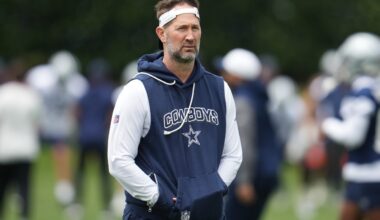 May 1, 2026; Frisco, TX, USA; Dallas Cowboys head coach Brian Schottenheimer on the field during practice at the Ford Center at the Star Training Facility in Frisco, Texas.
