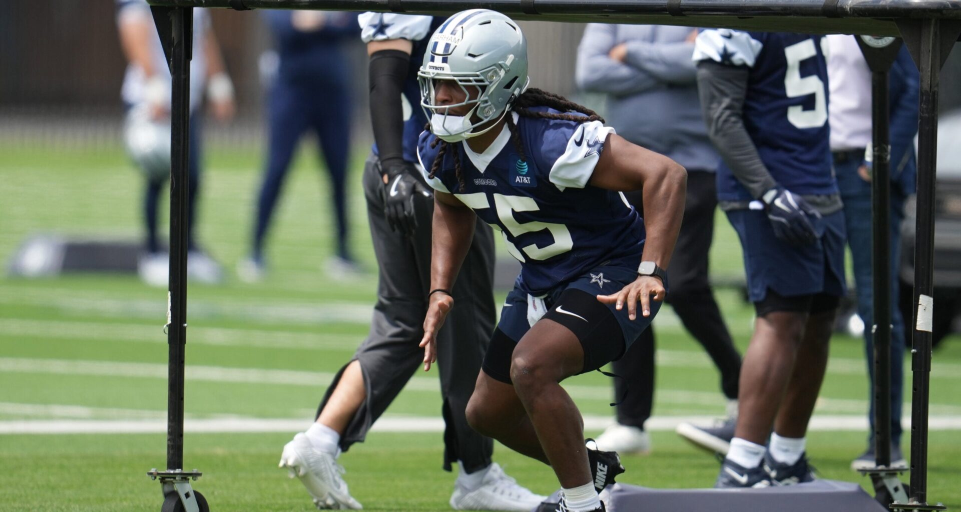 May 1, 2026; Frisco, TX, USA; Dallas Cowboys linebacker Jaishawn Barham (55) goes through a drill during practice at the Ford Center at the Star Training Facility in Frisco, Texas.