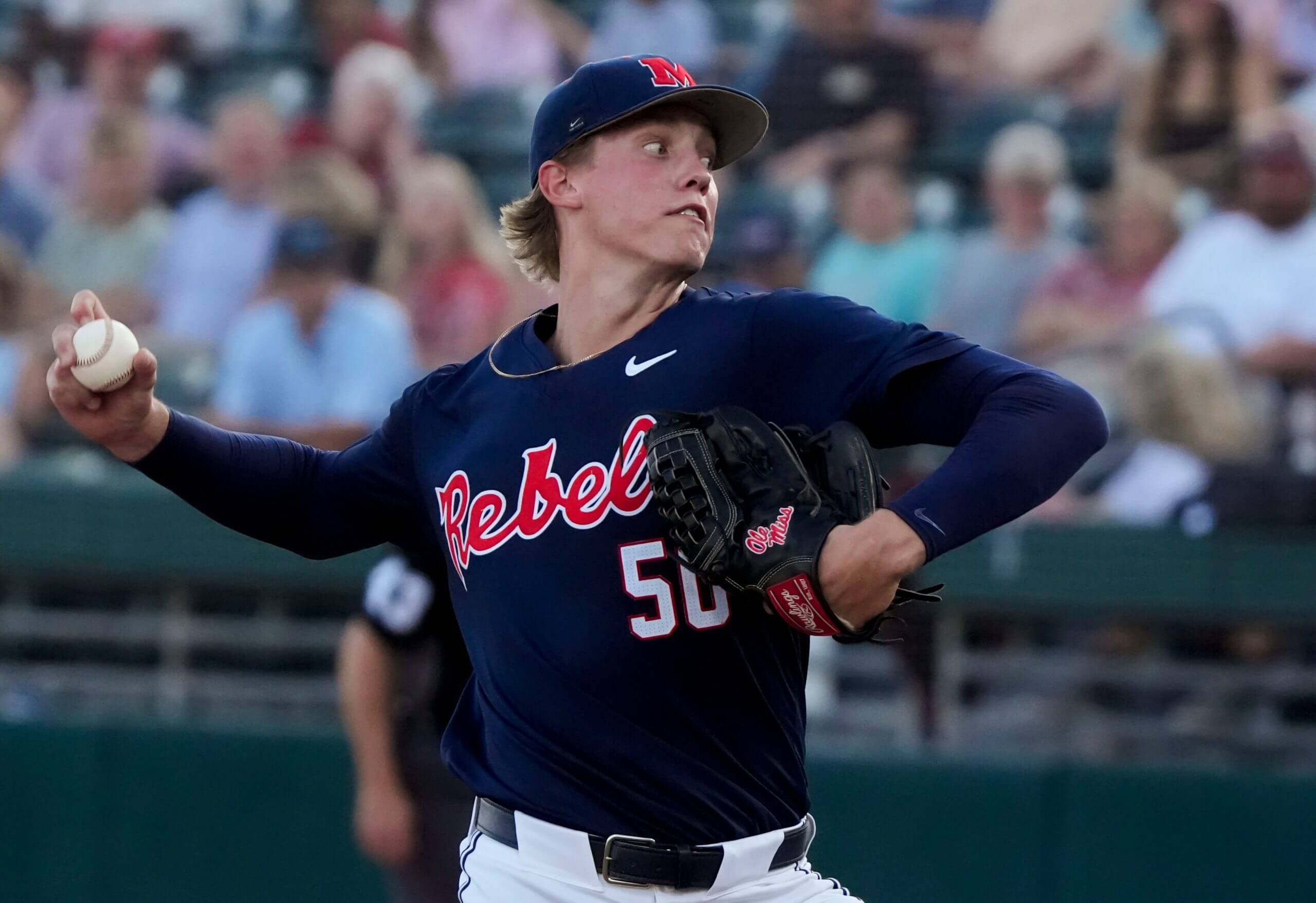 Ole Miss pitcher Taylor Rabe makes a pitch against Alabama in the final week of the regular season at Sewell-Thomas Stadium.