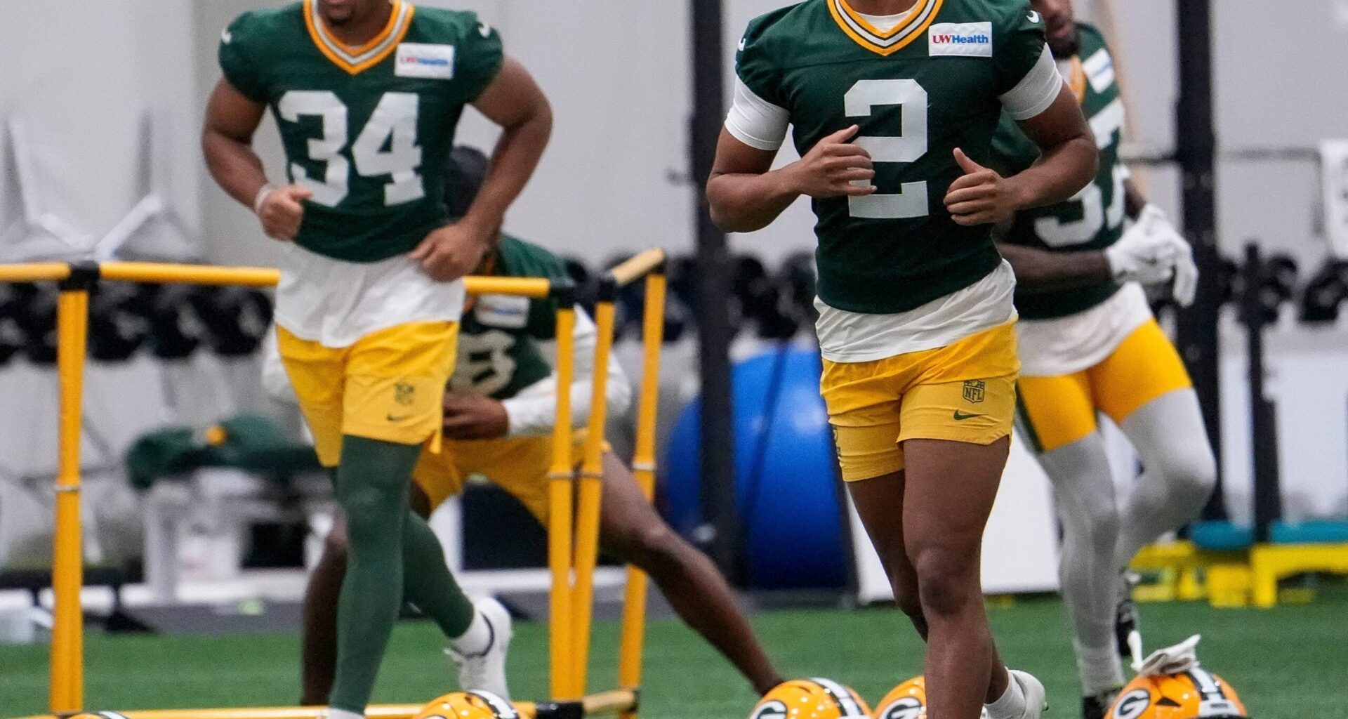 Green Bay Packers cornerback Brandon Cisse (2) jogs to the next warm-up station during practice on Tuesday, June 2, 2026, at the Don Hutson Center in Ashwaubenon, Wis.