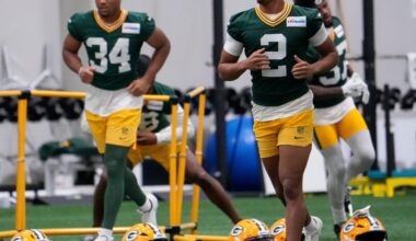 Green Bay Packers cornerback Brandon Cisse (2) jogs to the next warm-up station during practice on Tuesday, June 2, 2026, at the Don Hutson Center in Ashwaubenon, Wis.