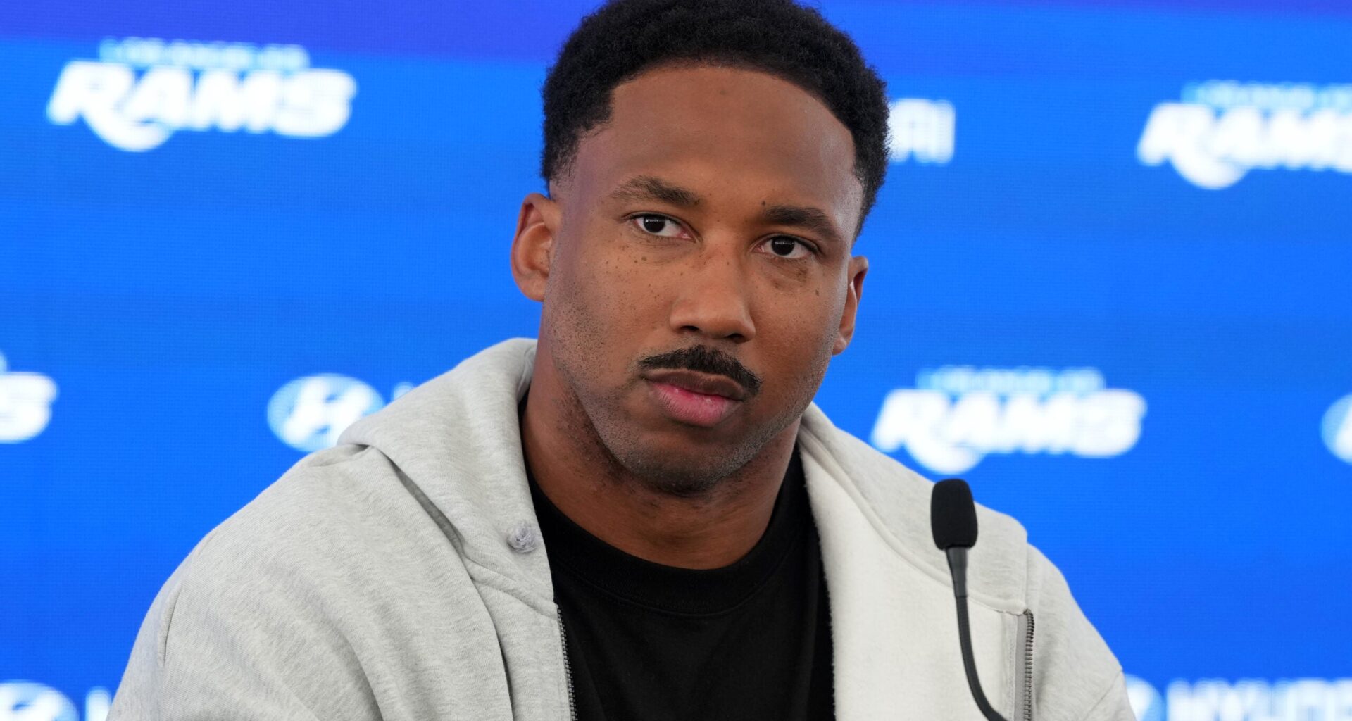 Jun 2, 2026; Woodland Hills, CA, USA; Los Angeles Rams defensive end Myles Garrett at press conference at Rams Practice Facility.