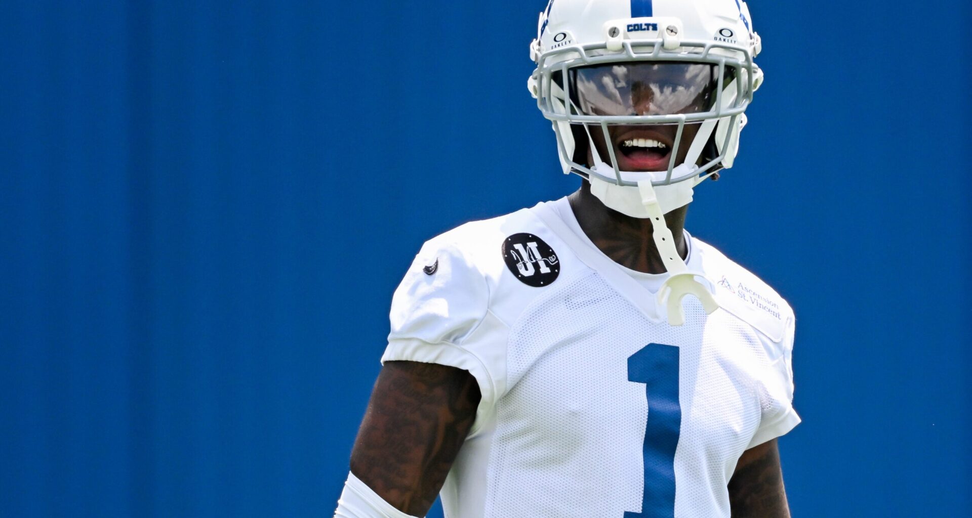 Jun 10, 2026; Indianapolis, IN, USA; Indianapolis Colts cornerback Sauce Gardner (1) looks on during minicamp at Indiana Farm Bureau Football Center.