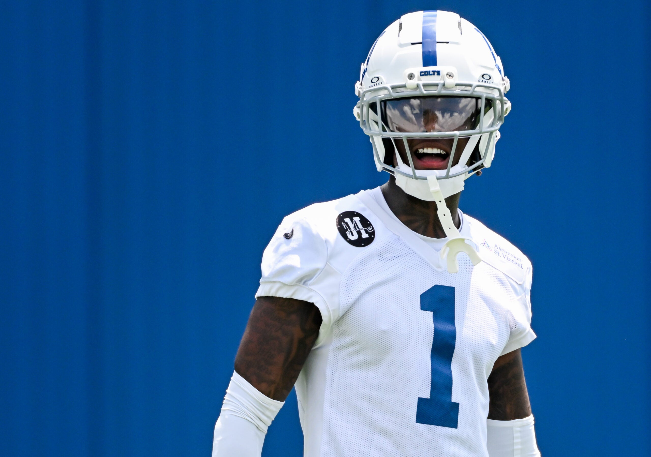 Jun 10, 2026; Indianapolis, IN, USA; Indianapolis Colts cornerback Sauce Gardner (1) looks on during minicamp at Indiana Farm Bureau Football Center.