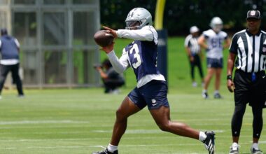 Jun 16, 2026; Dallas, TX, USA; Dallas Cowboys safety Caleb Downs (13) goes through a drill during practice at the Ford Center at the Star Training Facility in Frisco, Texas.