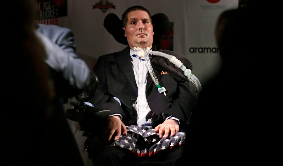 FILE - In this Sept. 18, 2017 photo, Pete Frates, who is stricken with amyotrophic lateral...