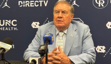 UNC coach Bill Belichick speaks during  the ACC preseason NCAA College football media day on Friday, July 17, 2026 in Charlotte, N.C. (AP Photo/Aaron Beard)