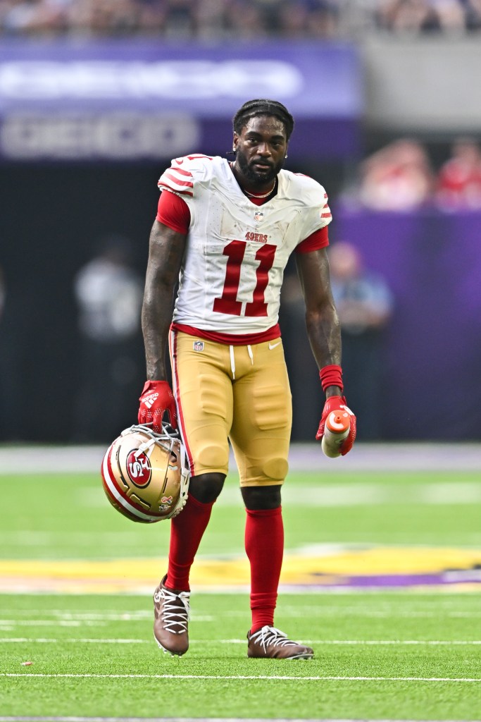  Brandon Aiyuk #11 of the San Francisco 49ers stands on the field during the game against the Minnesota Vikings