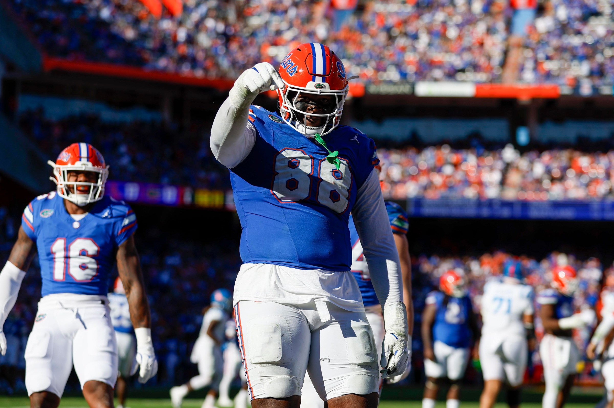 GAINESVILLE, FL - NOVEMBER 23: Florida Gators defensive lineman Caleb Banks (88) reacts after a play during the game between the Florida Gators and the Mississippi Rebels on November 23, 2024 at Ben Hill Griffin Stadium at Florida Field in Gainesville, Fl. (Photo by David Rosenblum/Icon Sportswire via Getty Images)