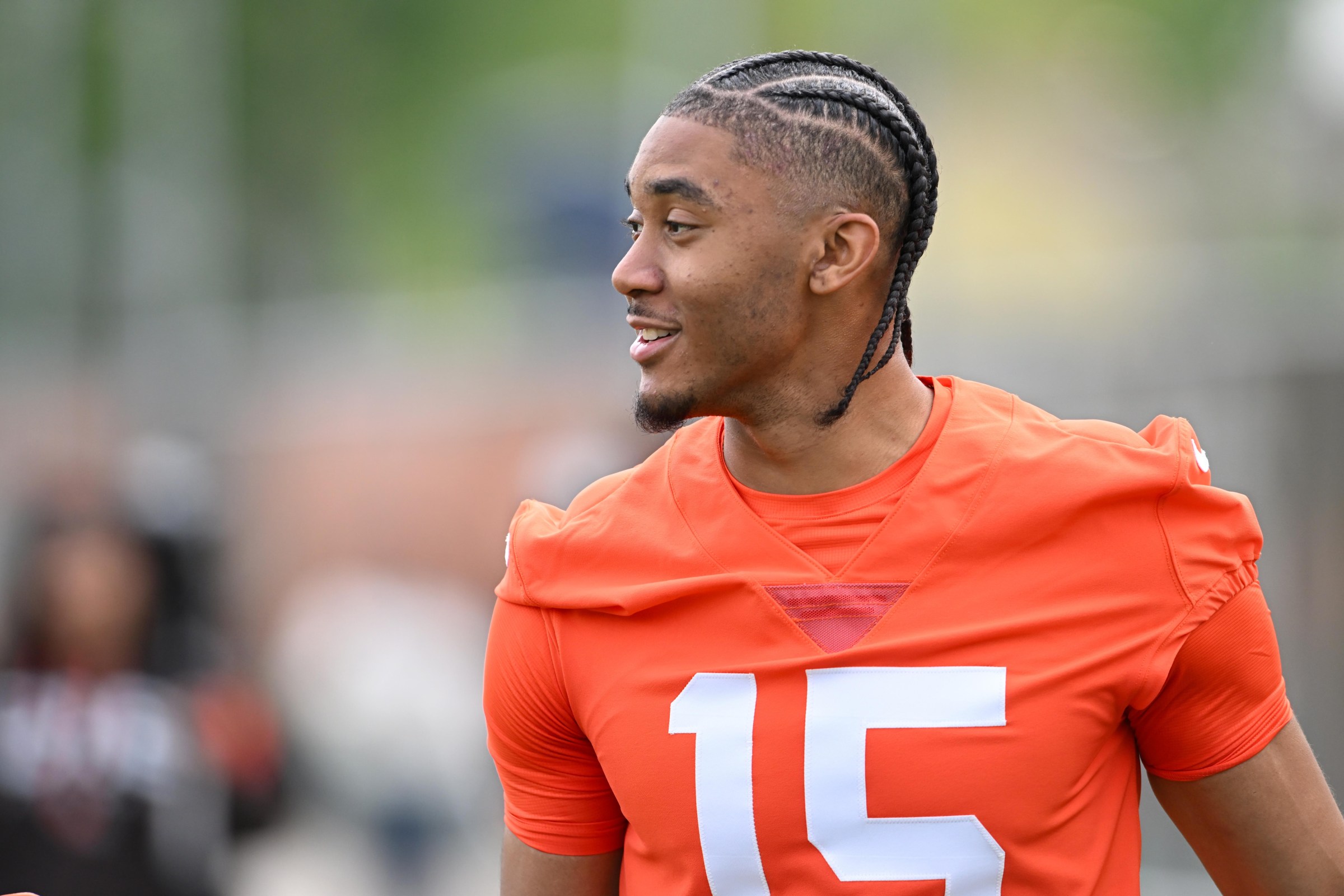 BEREA, OHIO - MAY 08: Taylen Green #15 of the Cleveland Browns looks on after a rookie minicamp at CrossCountry Mortgage Campus on May 08, 2026 in Berea, Ohio. (Photo by Nick Cammett/Getty Images)