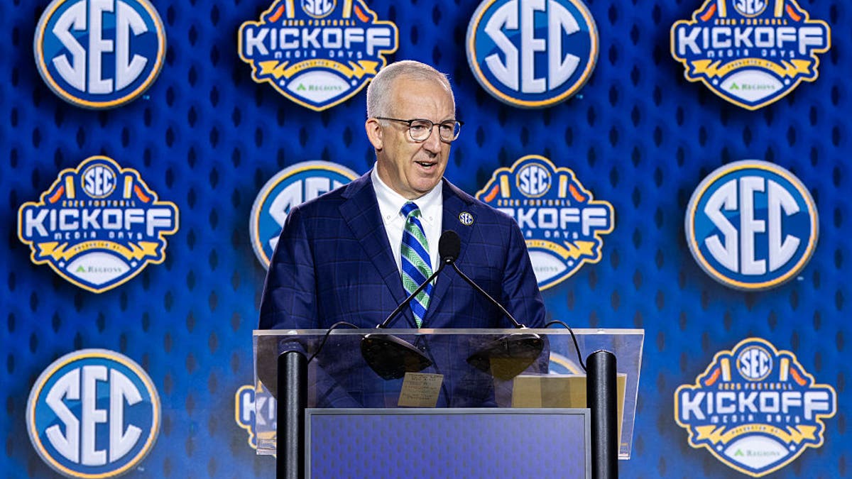 SEC Commissioner Greg Sankey speaks at the SEC Football Media Day