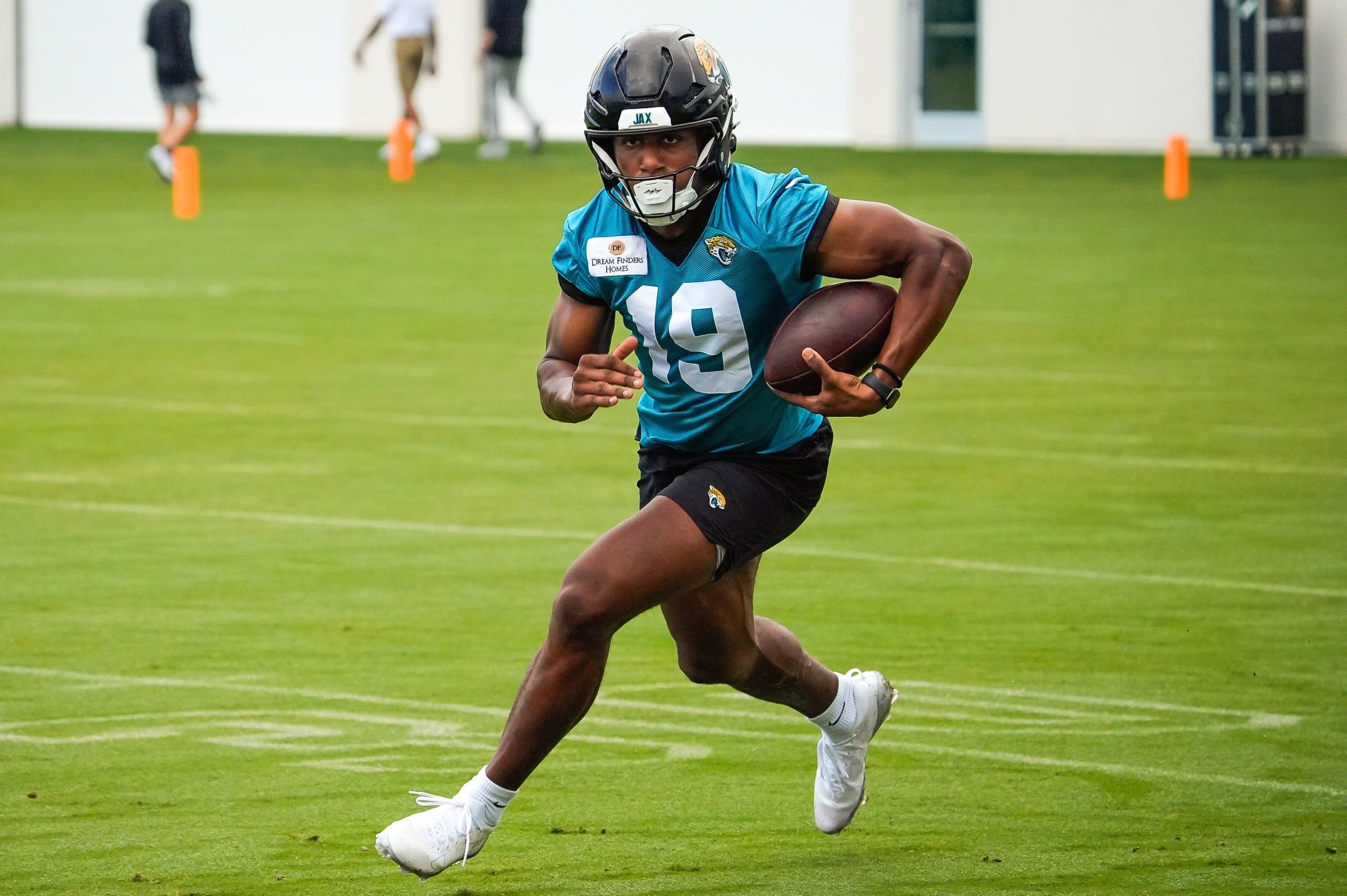Jacksonville Jaguars wide receiver Josh Cameron runs the ball during the second day of minicamp at the Miller Electric Center, Wednesday, June 10, 2026, in Jacksonville. [Doug Engle/Florida Times-Union]