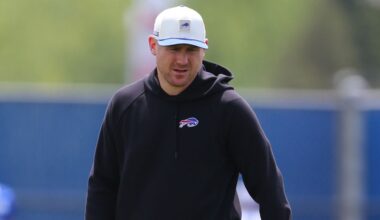 Buffalo Bills head coach Joe Brady looks on during NFL football practice in Orchard Park, N.Y., Tuesday May 19, 2026. (AP Photo/Jeffrey T. Barnes)