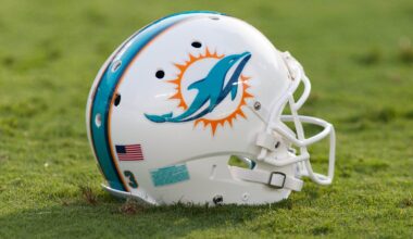 A Miami Dolphins helmet on the grass