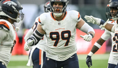 LONDON , ENGLAND - OCTOBER 12: Zach Allen (99) of the Denver Broncos roars after Nik Bonitto (15) sacked Justin Fields (7) of the New York Jets during the fourth quarter of the Broncos' 13-11 win at Tottenham Hotspur Stadium in London on Sunday, October 12, 2025.