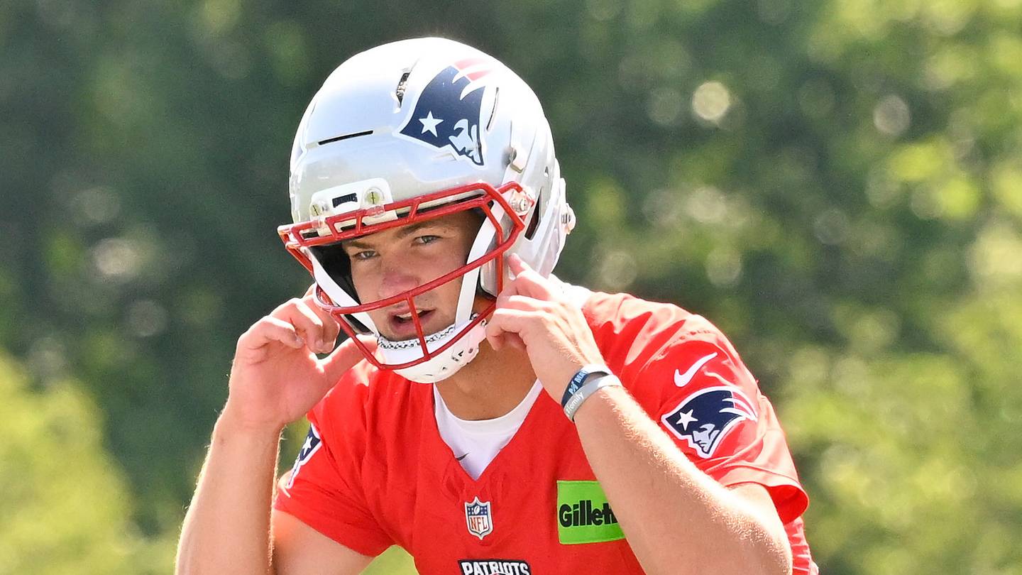Jul 25, 2026; Foxborough, MA, USA; New England Patriots quarterback Drake Maye (10) reacts at training camp at Gillette Stadium. Mandatory Credit: Eric Canha-Imagn Images