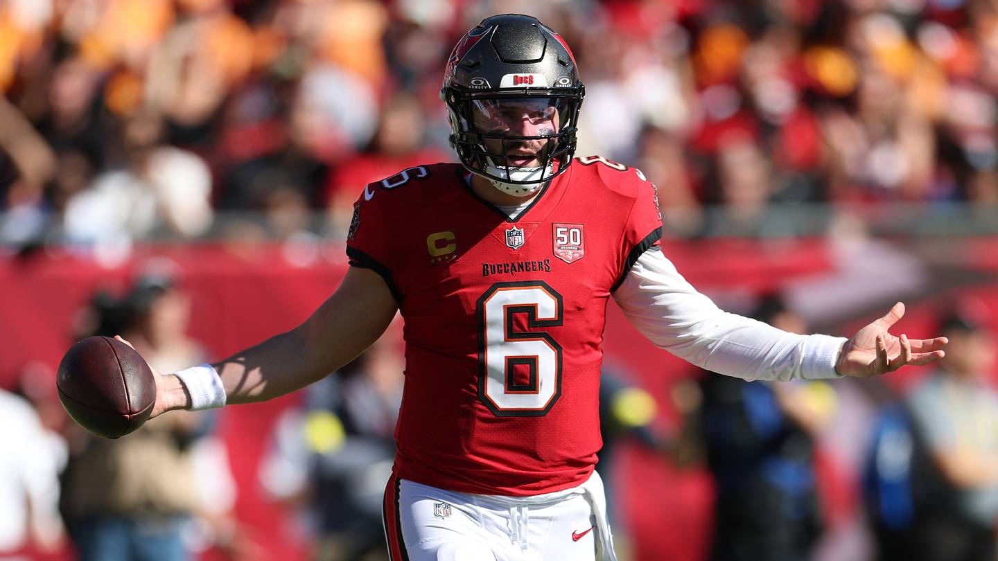 Nov 30, 2025; Tampa, Florida, USA; Tampa Bay Buccaneers quarterback Baker Mayfield (6) reacts after a play during the first half against the Arizona Cardinals at Raymond James Stadium. Mandatory Credit: Nathan Ray Seebeck-Imagn Images