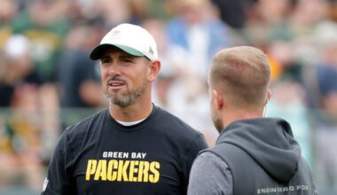 Green Bay Packers head coach Matt LaFleur during the third day of training camp on July 31, 2026, at Ray Nitschke Field in Ashwaubenon, Wis.