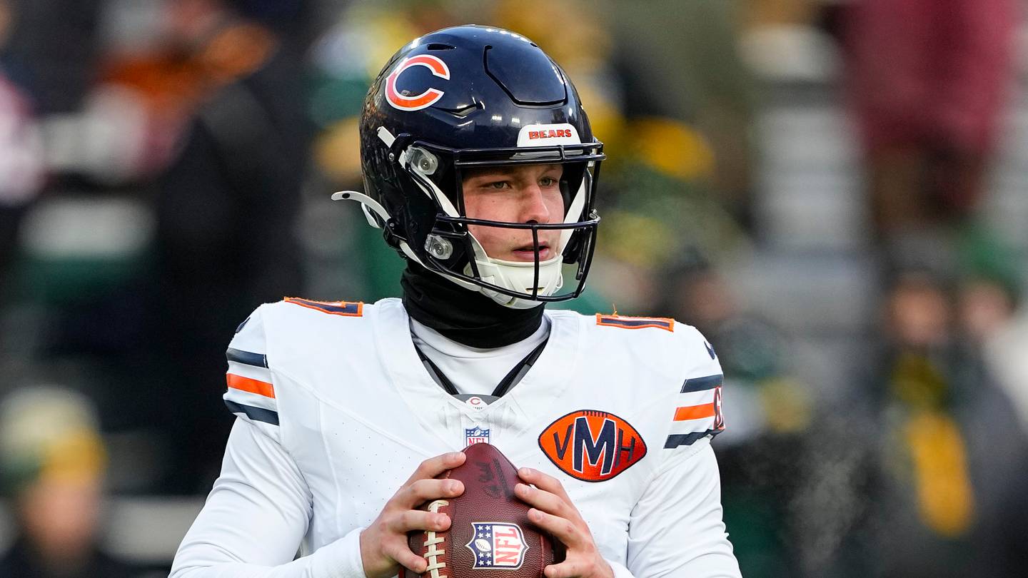 Dec 7, 2025; Green Bay, Wisconsin, USA;  Chicago Bears quarterback Tyson Bagent (17) during warmups prior to the game against the Green Bay Packers at Lambeau Field. Mandatory Credit: Jeff Hanisch-Imagn Images
