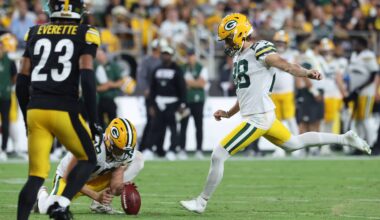 Aug 13, 2026; Pittsburgh, Pennsylvania, USA;  Green Bay Packers place kicker Trey Smack (28) kicks a field goal against the Pittsburgh Steelers during the third quarter at Acrisure Stadium. Mandatory Credit: Charles LeClaire-Imagn Images