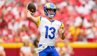 Aug 15, 2026; Kansas City, Missouri, USA; Los Angeles Rams quarterback Stetson Bennett IV (13) throws a pass during the first half against the Kansas City Chiefs at Arrowhead Stadium. Mandatory Credit: Jay Biggerstaff-Imagn Images