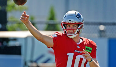 Patriots training camp Day 9: Drake Maye wins 2-minute drill, more WRs star