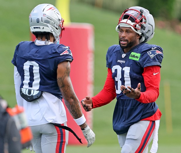 New England Patriots cornerback Christian Gonzalez, left, and Kevin Byard III during training camp on Thursday, Aug. 6, 2026. (Photo By Matt Stone/Boston Herald)