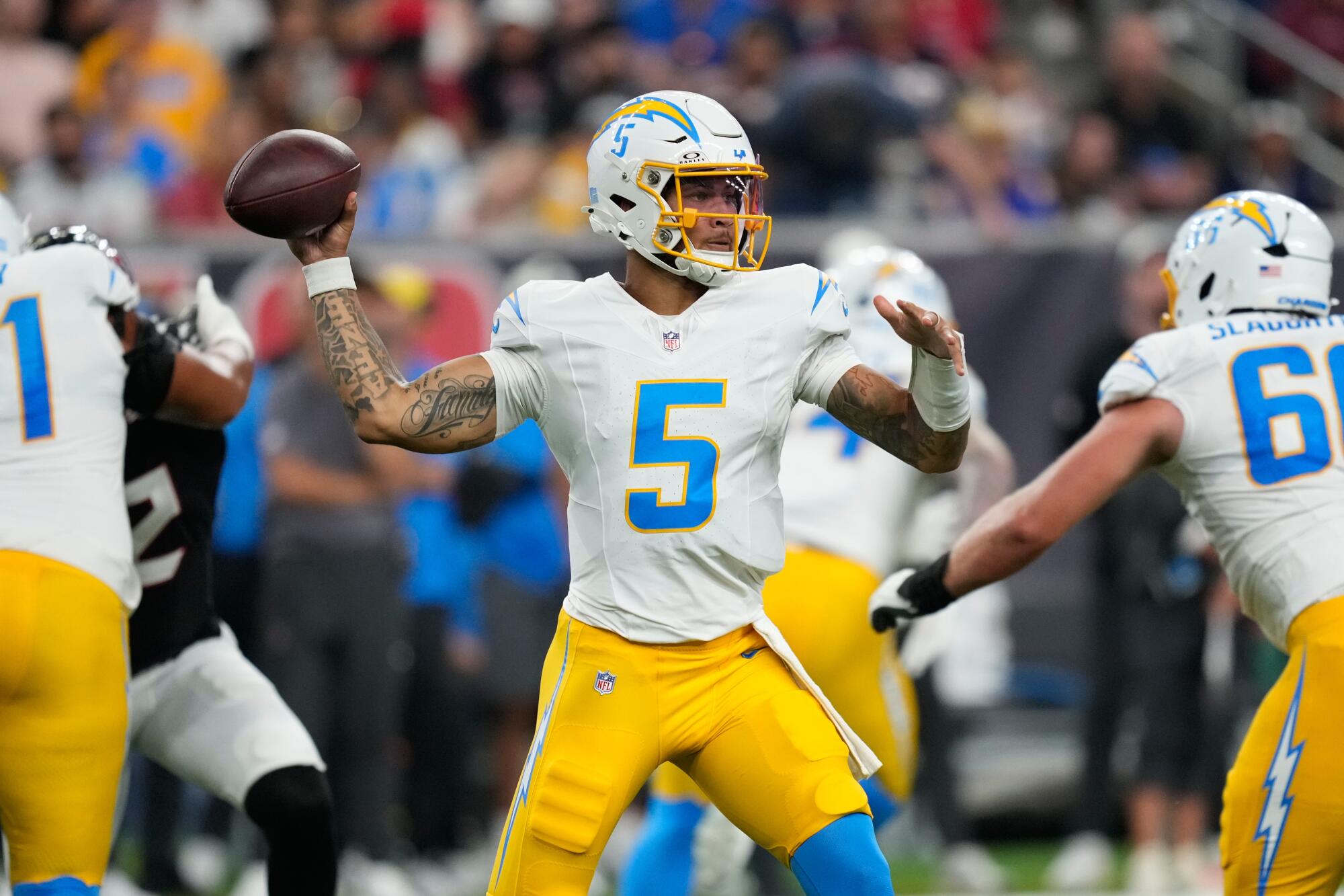 Chargers quarterback Trey Lance passes against the Texans on Thursday.