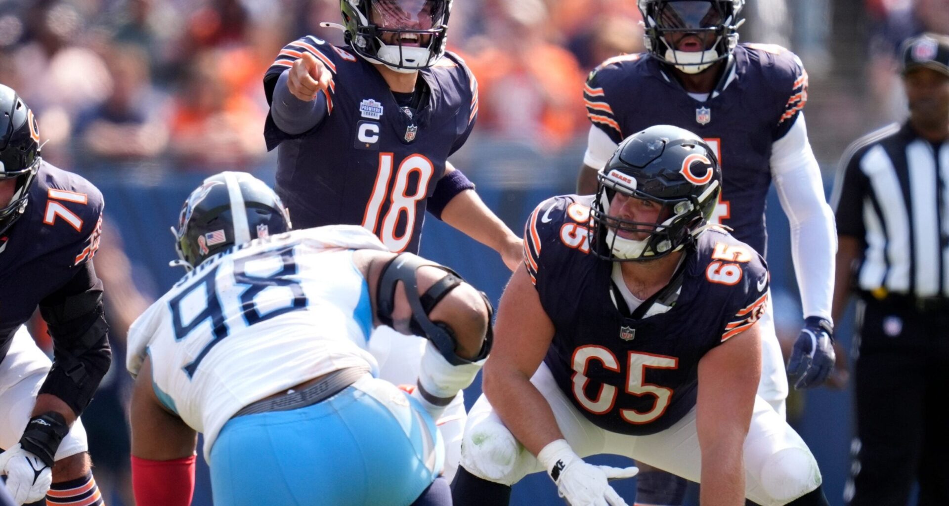Chicago Bears quarterback Caleb Williams (18) comes to the line against the Tennessee Titans during the fourth quarter at Soldier Field in Chicago, Ill., Sunday, Sept. 8, 2024.