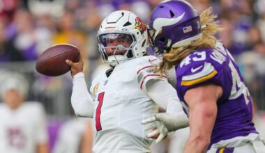 Dec 1, 2024; Minneapolis, Minnesota, USA; Arizona Cardinals quarterback Kyler Murray (1) passes against the Minnesota Vikings linebacker Andrew Van Ginkel (43) in the fourth quarter at U.S. Bank Stadium.