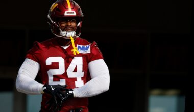 Jul 23, 2025; Ashburn, VA, USA; Washington Commanders outside linebacker Von Miller (24) walks out of team headquarters onto the fields prior to practice on day one of training camp at OrthoVirginia Training Center at Commanders Park.