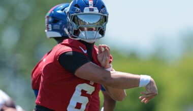 Jun 3, 2026; East Rutherford, NJ, USA; New York Giants quarterback Jaxson Dart (6) throws the ball during organized team activities at Quest Diagnostics Training Center.