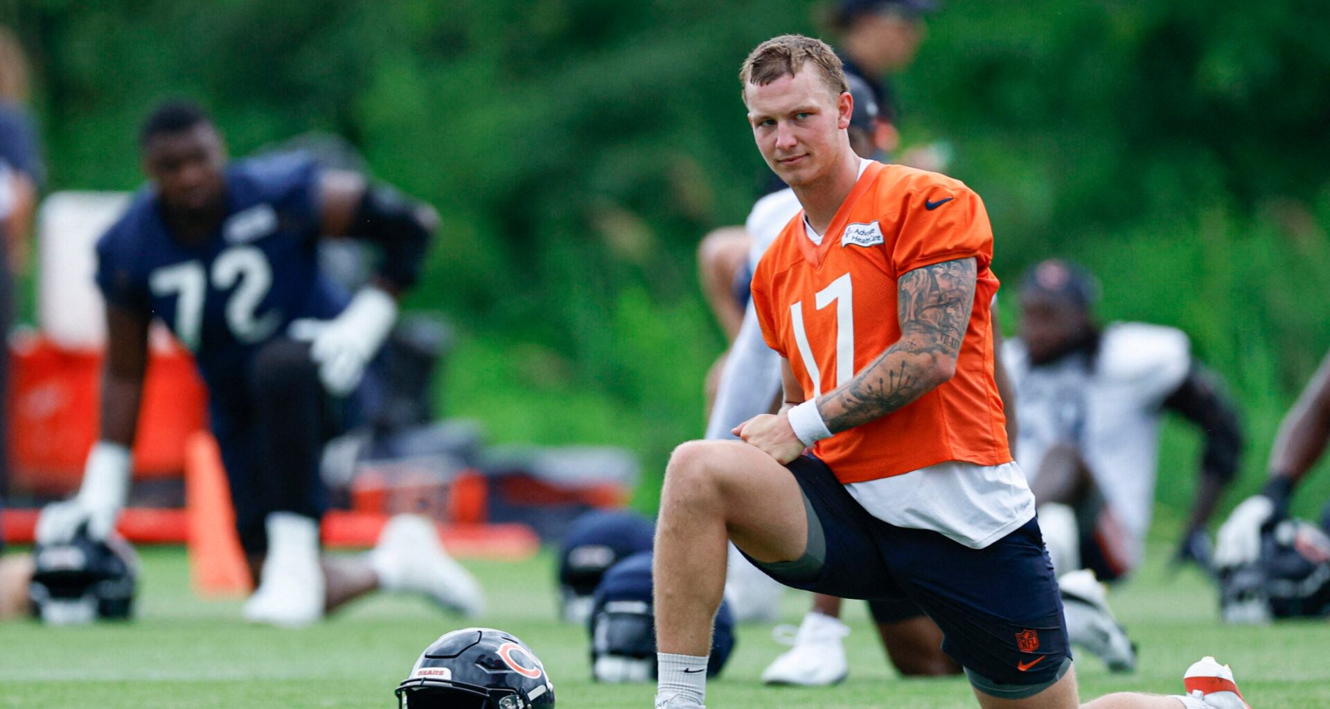 Jun 11, 2026; Lake Forest, IL, USA; Chicago Bears quarterback Tyson Bagent (17) stretches during Minicamp at Halas Hall.