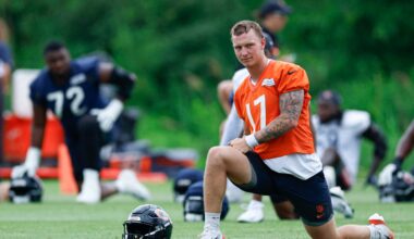 Jun 11, 2026; Lake Forest, IL, USA; Chicago Bears quarterback Tyson Bagent (17) stretches during Minicamp at Halas Hall.