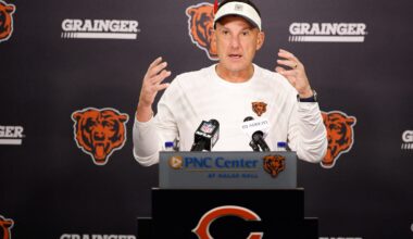 Jul 29, 2026; Lake Forest, IL, USA; Chicago Bears defensive coordinator Dennis Allen speaks during Chicago Bears Training Camp at Halas Hall.
